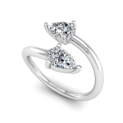 Double pear cut lab grown diamond open wrap ring with mirrored three-prong set diamonds in polished white gold.