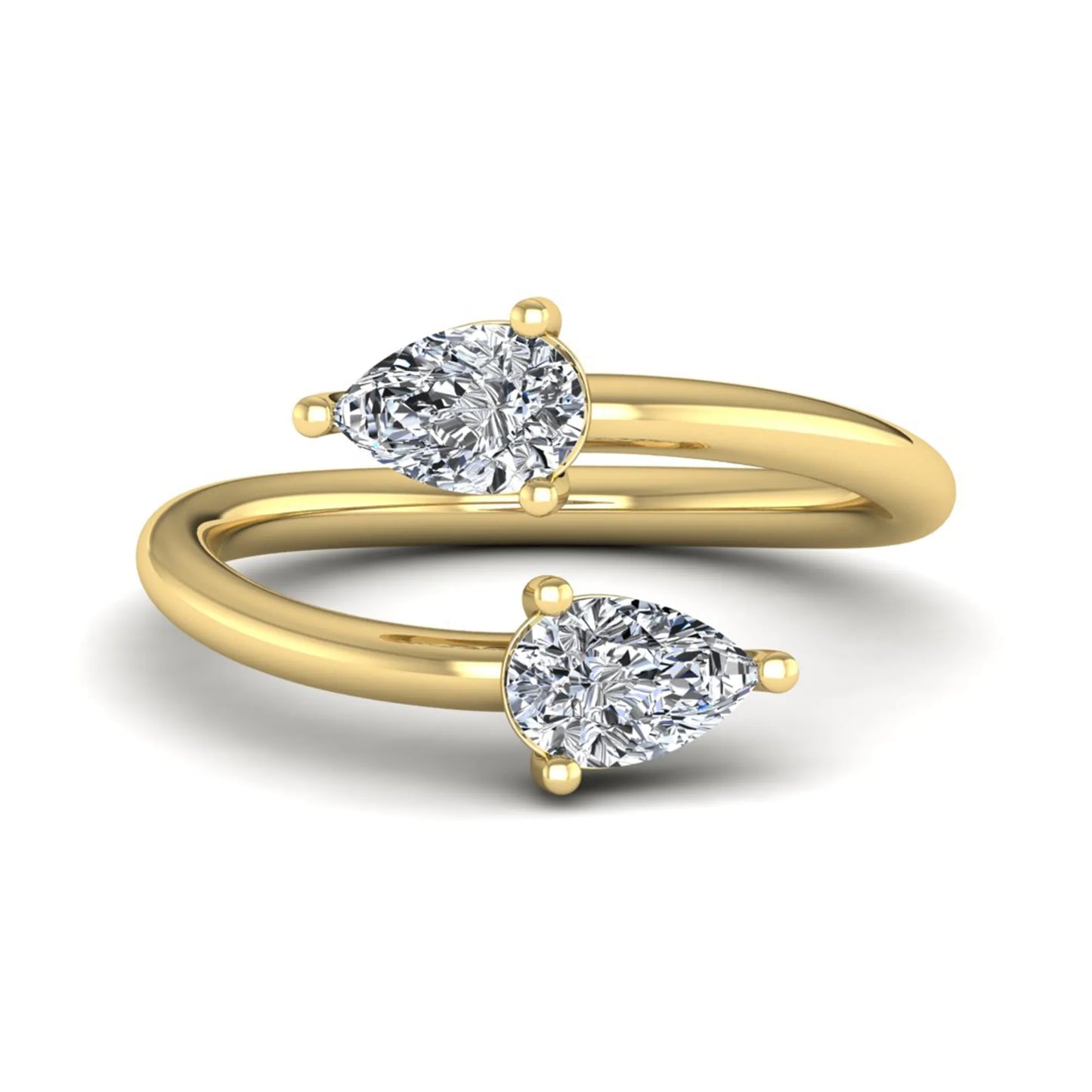 Double pear cut lab grown diamond open wrap ring with mirrored three-prong set diamonds in polished yellow gold.