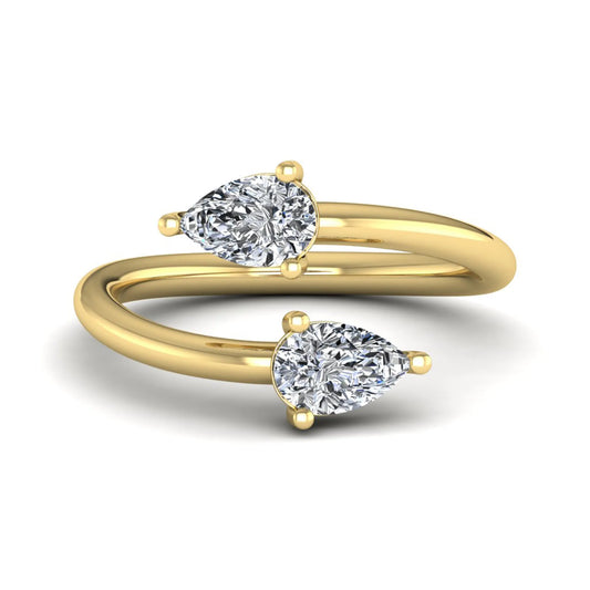 Double pear cut lab grown diamond open wrap ring with mirrored three-prong set diamonds in polished yellow gold.
