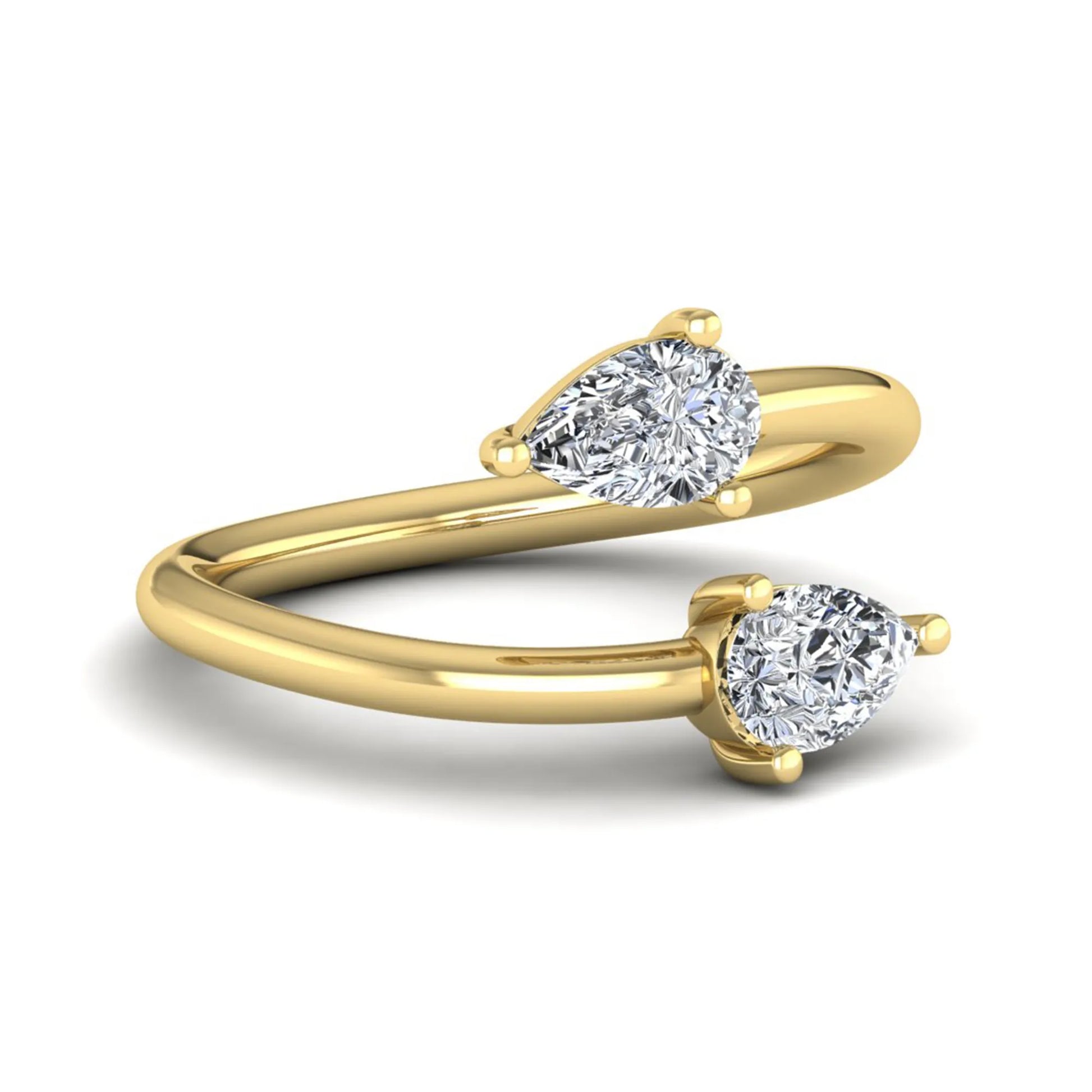 Double pear cut lab grown diamond open wrap ring with mirrored three-prong set diamonds in polished yellow gold.