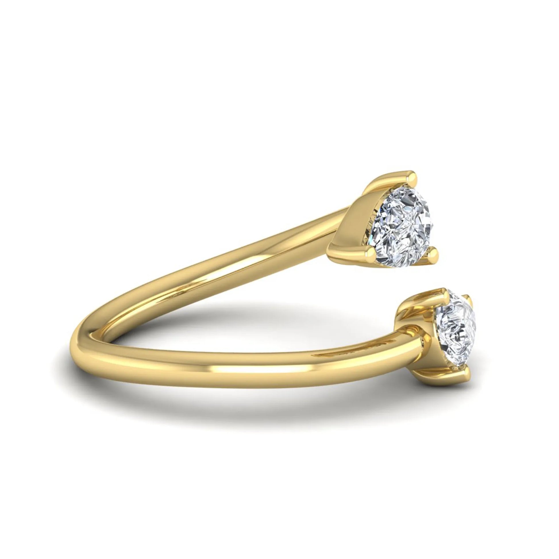Double pear cut lab grown diamond open wrap ring with mirrored three-prong set diamonds in polished yellow gold.