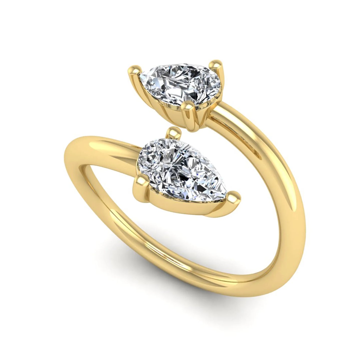 Double pear cut lab grown diamond open wrap ring with mirrored three-prong set diamonds in polished yellow gold.