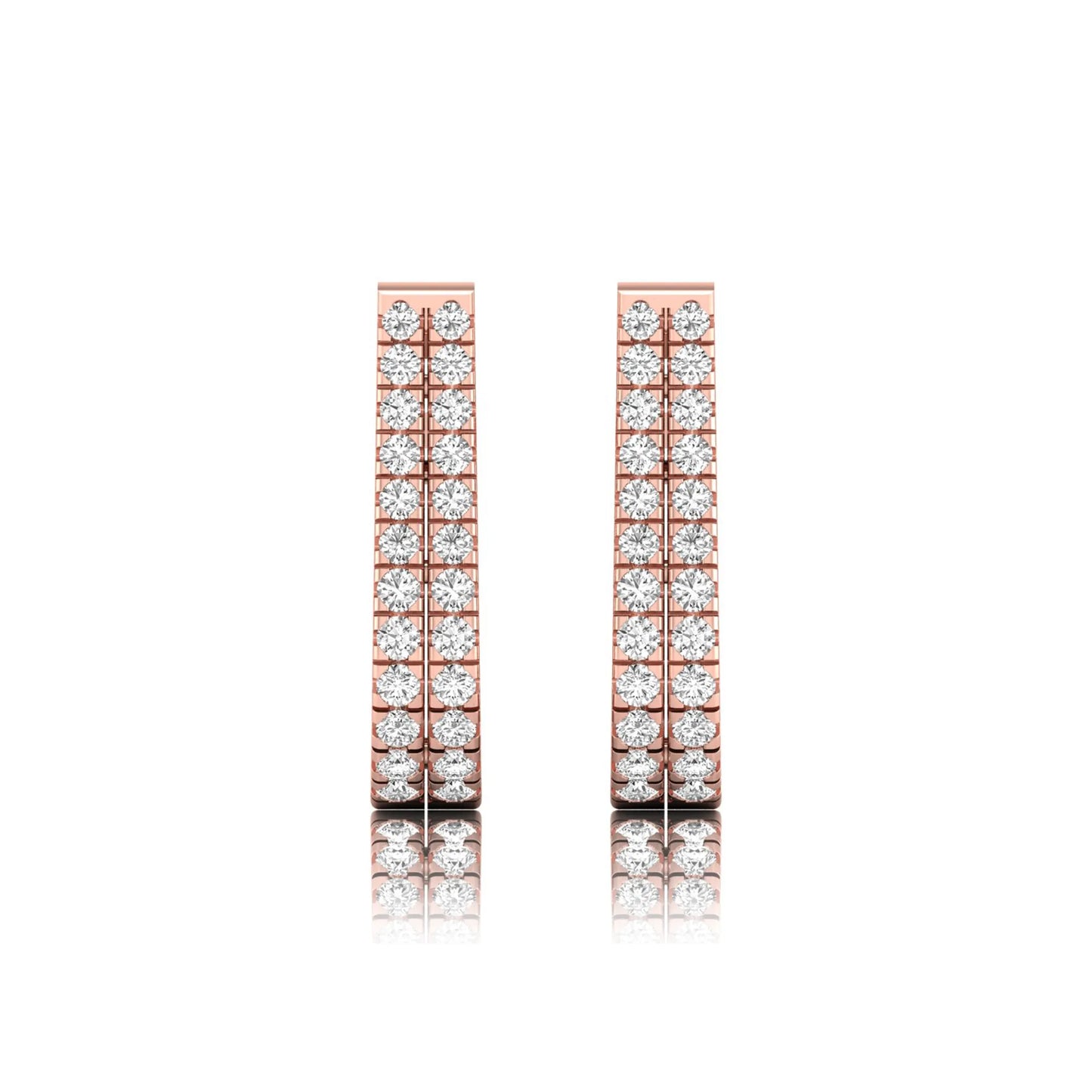 Double row round cut lab grown diamond huggie hoop earrings featuring shared prong set diamonds, hinged snap closure, and polished rose gold finish.