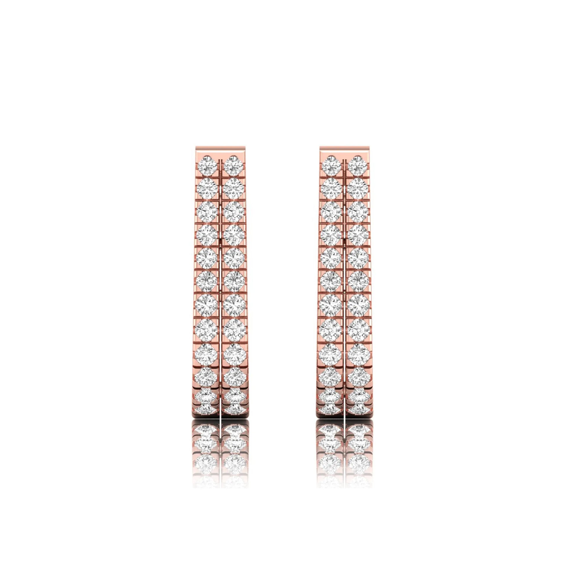 Double row round cut lab grown diamond huggie hoop earrings featuring shared prong set diamonds, hinged snap closure, and polished rose gold finish.