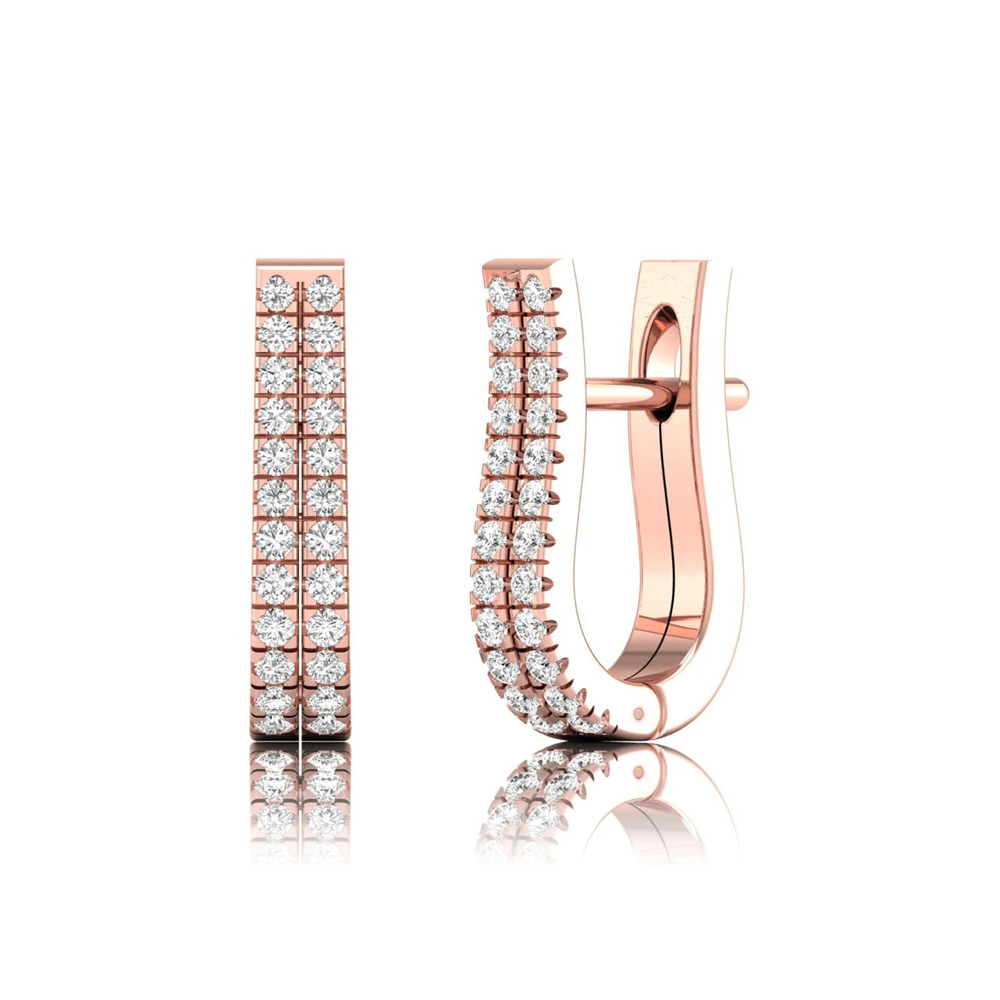 Double row round cut lab grown diamond huggie hoop earrings featuring shared prong set diamonds, hinged snap closure, and polished rose gold finish.