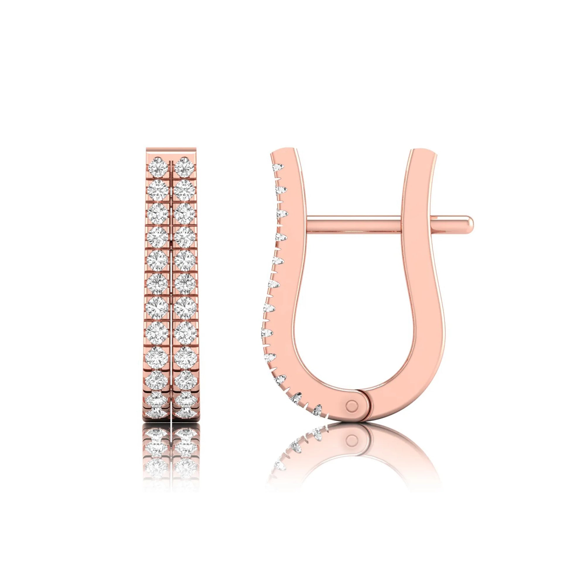 Double row round cut lab grown diamond huggie hoop earrings featuring shared prong set diamonds, hinged snap closure, and polished rose gold finish.