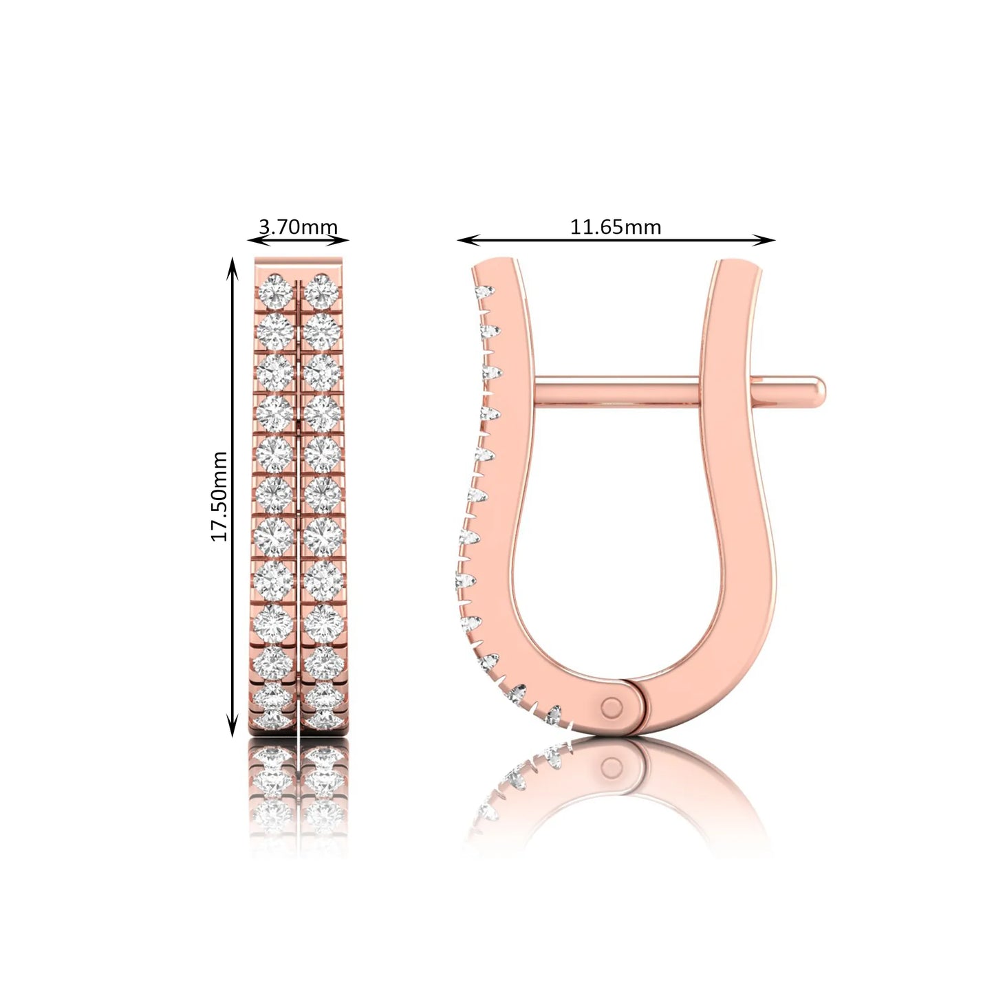 Double row round cut lab grown diamond huggie hoop earrings featuring shared prong set diamonds, hinged snap closure, and polished rose gold finish.
