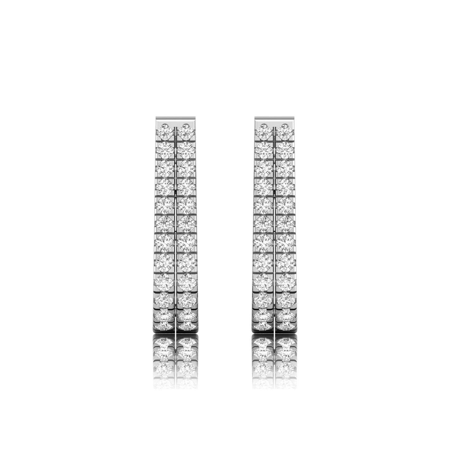 Double row round cut lab grown diamond huggie hoop earrings featuring shared prong set diamonds, hinged snap closure, and polished white gold finish.