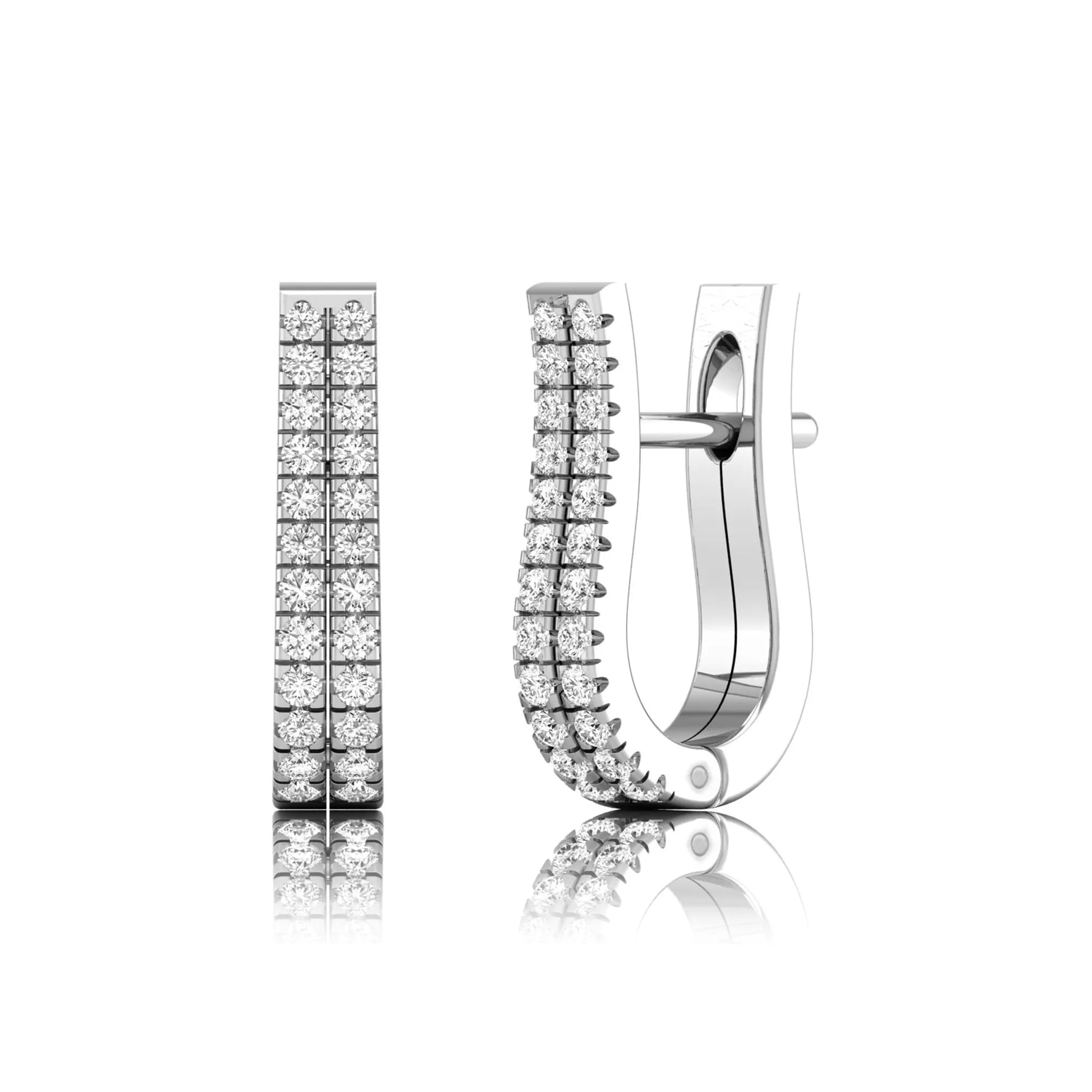 Double row round cut lab grown diamond huggie hoop earrings featuring shared prong set diamonds, hinged snap closure, and polished white gold finish.