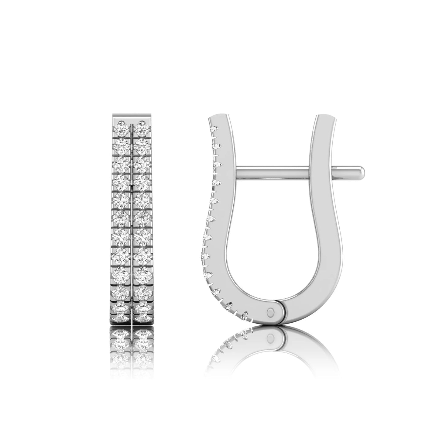 Double row round cut lab grown diamond huggie hoop earrings featuring shared prong set diamonds, hinged snap closure, and polished white gold finish.