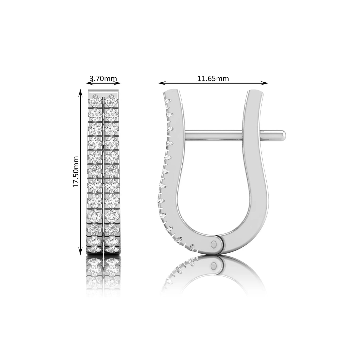 Double row round cut lab grown diamond huggie hoop earrings featuring shared prong set diamonds, hinged snap closure, and polished white gold finish.