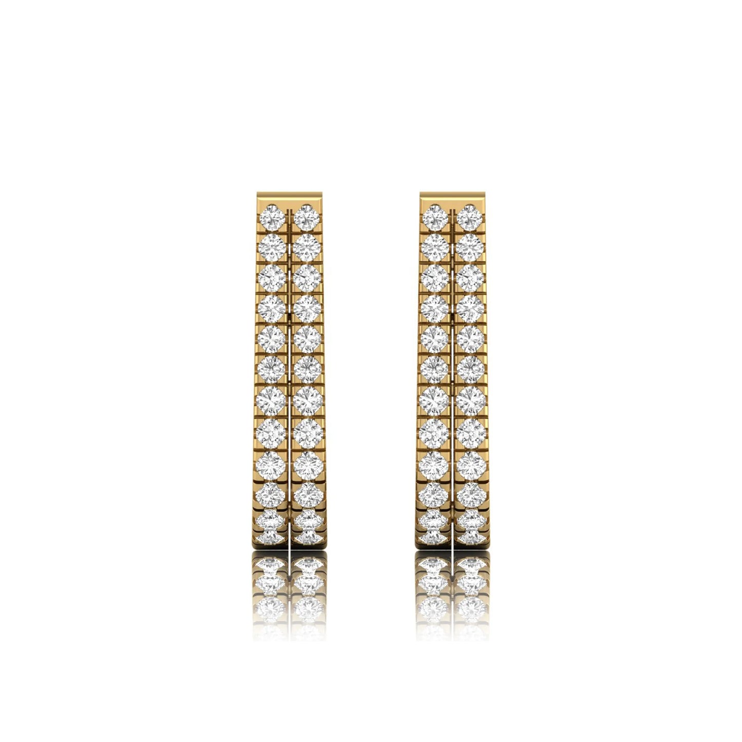 Double row round cut lab grown diamond huggie hoop earrings featuring shared prong set diamonds, hinged snap closure, and polished yellow gold finish.