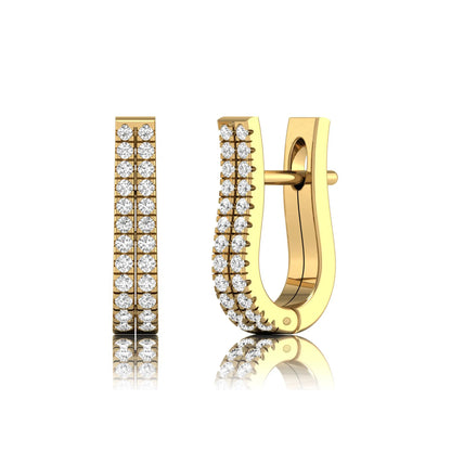 Double row round cut lab grown diamond huggie hoop earrings featuring shared prong set diamonds, hinged snap closure, and polished yellow gold finish.