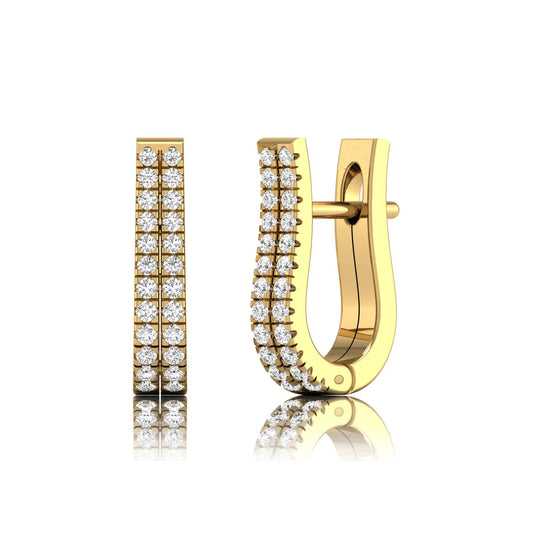 Double row round cut lab grown diamond huggie hoop earrings featuring shared prong set diamonds, hinged snap closure, and polished yellow gold finish.