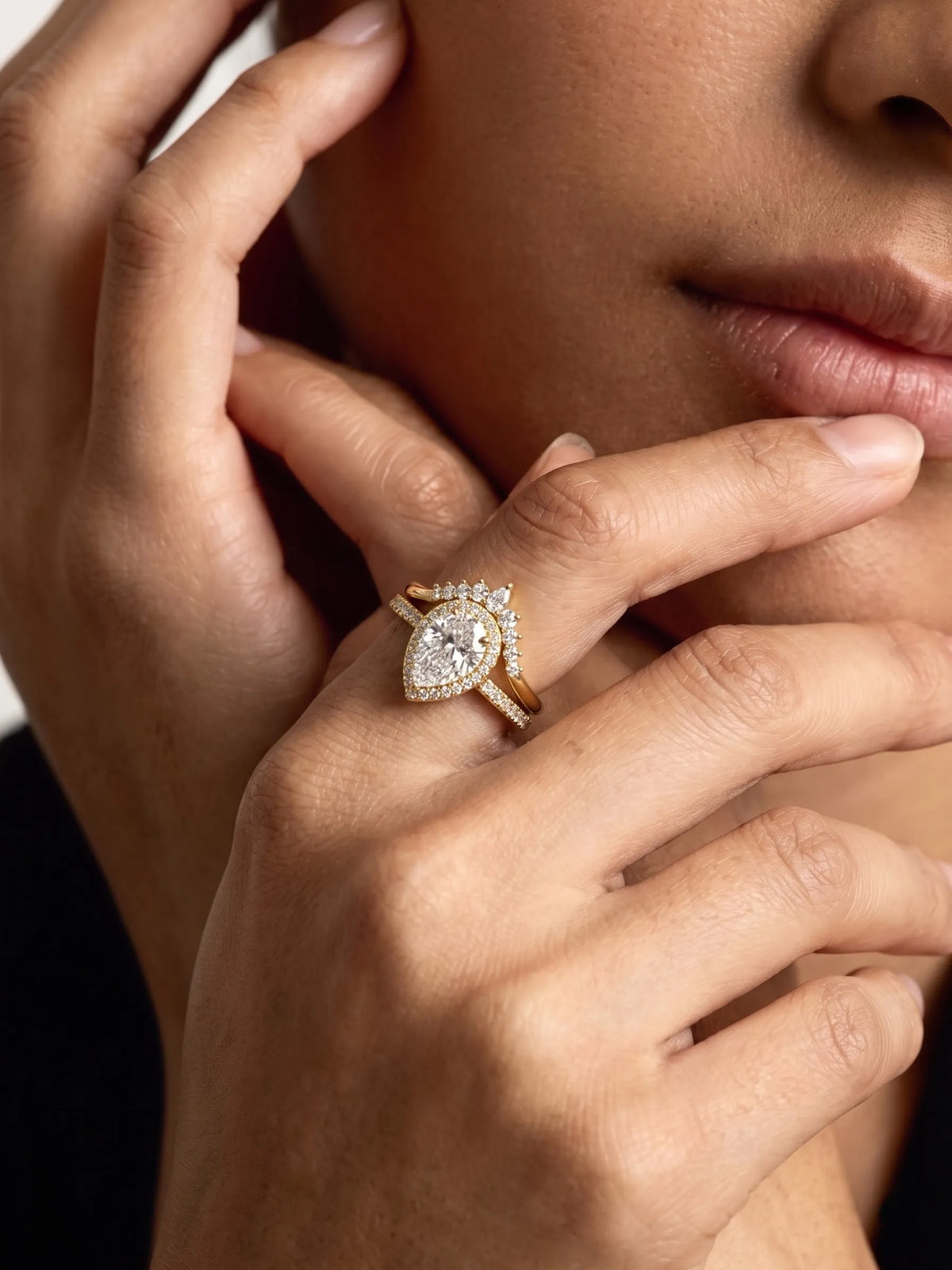 2 Carat Pear Halo Crown Bridal Ring Set Lab Grown Diamond
