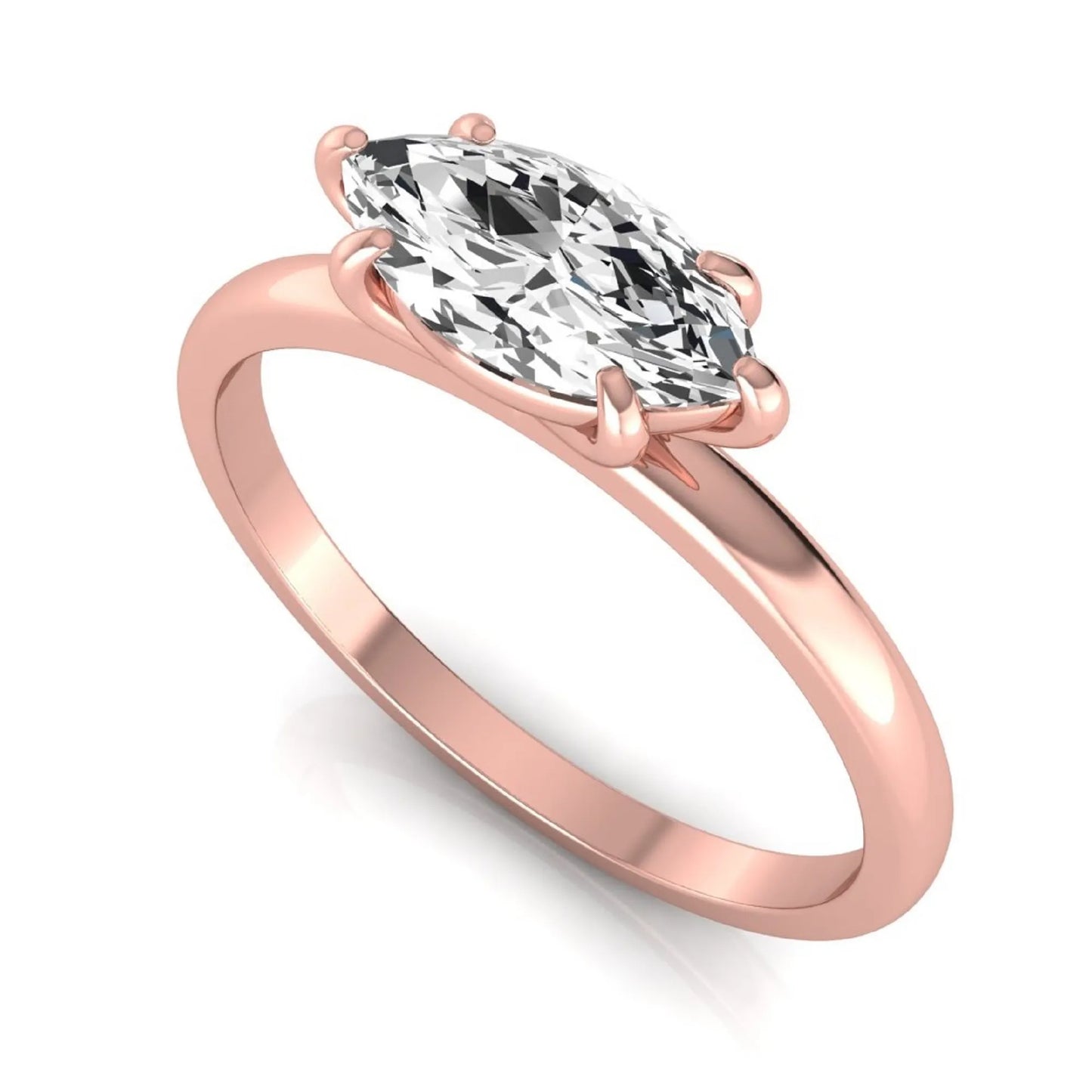 East-west marquise cut lab grown diamond solitaire engagement ring with a six-prong setting in rose gold style.