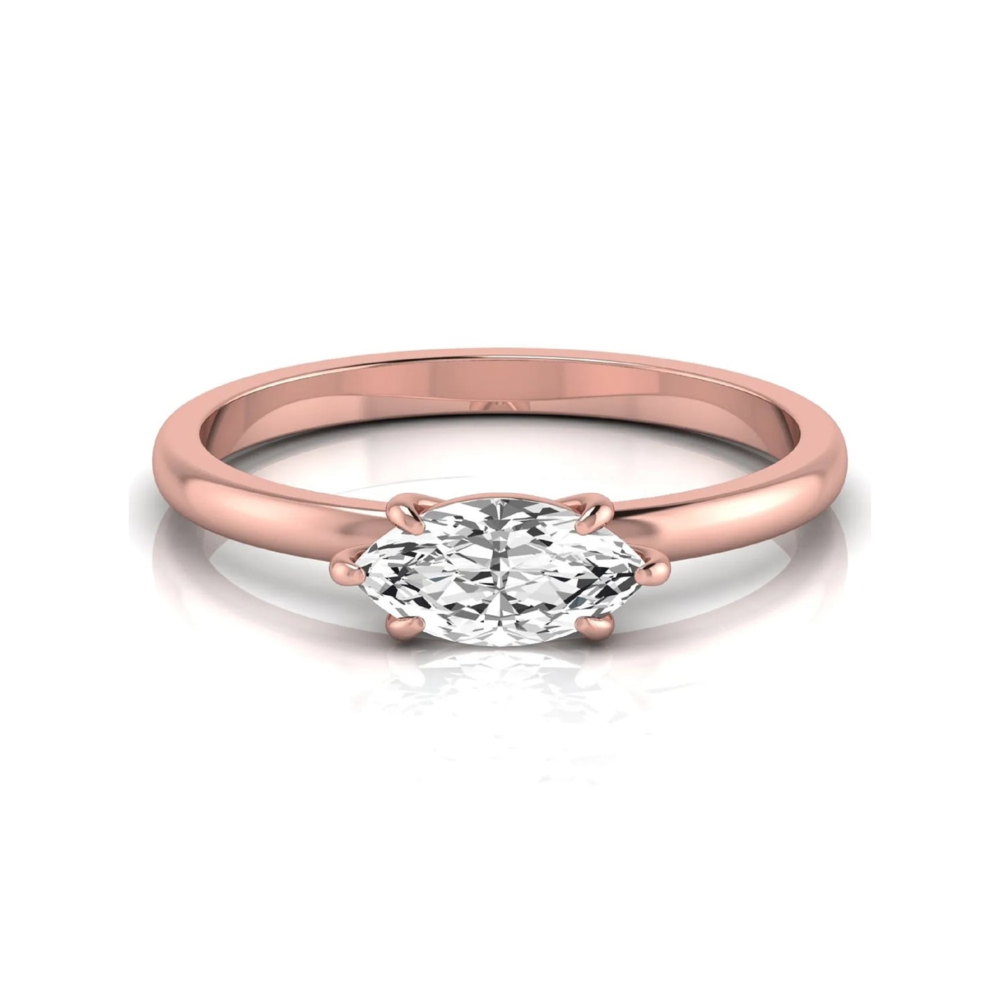East-west marquise cut lab grown diamond solitaire engagement ring with a six-prong setting in rose gold style.