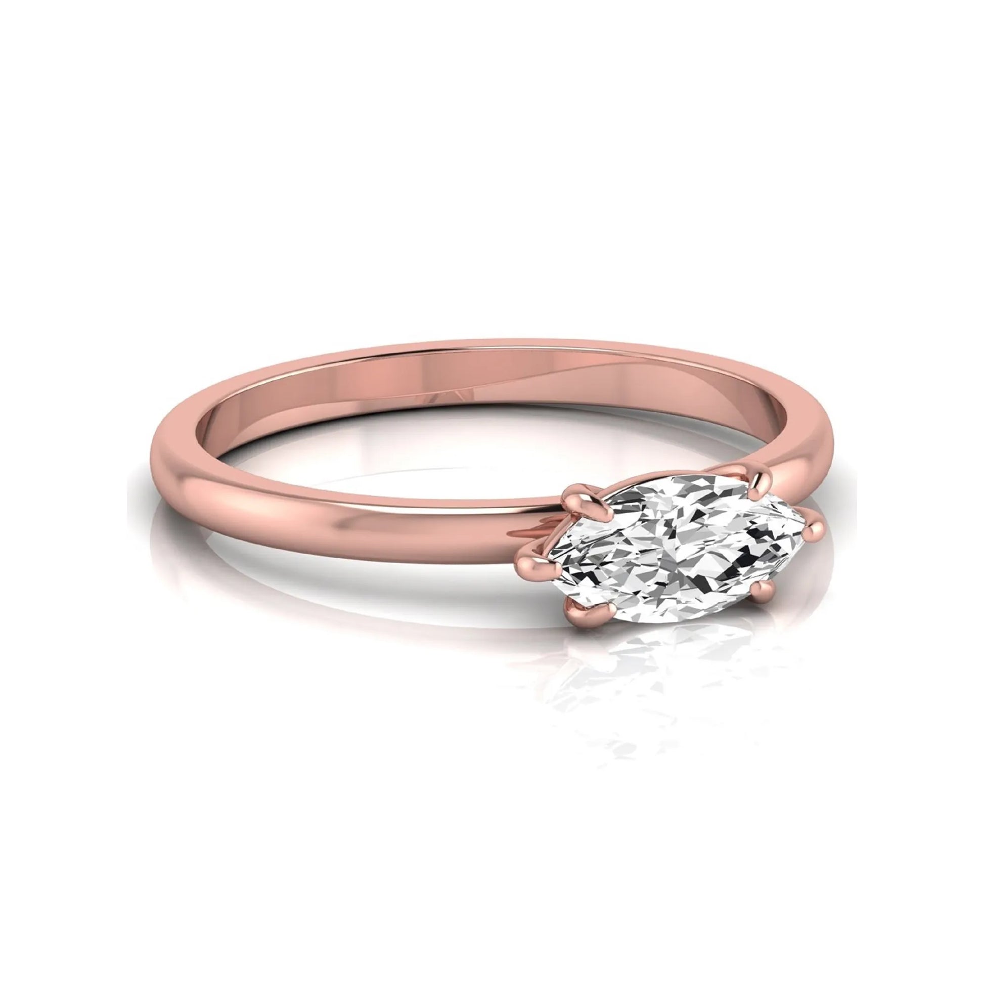 East-west marquise cut lab grown diamond solitaire engagement ring with a six-prong setting in rose gold style.