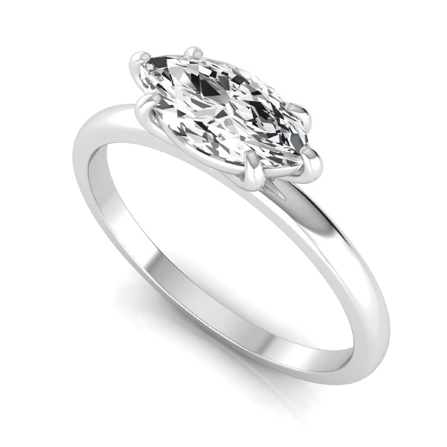 East-west marquise cut lab grown diamond solitaire engagement ring with a six-prong setting in white gold style.