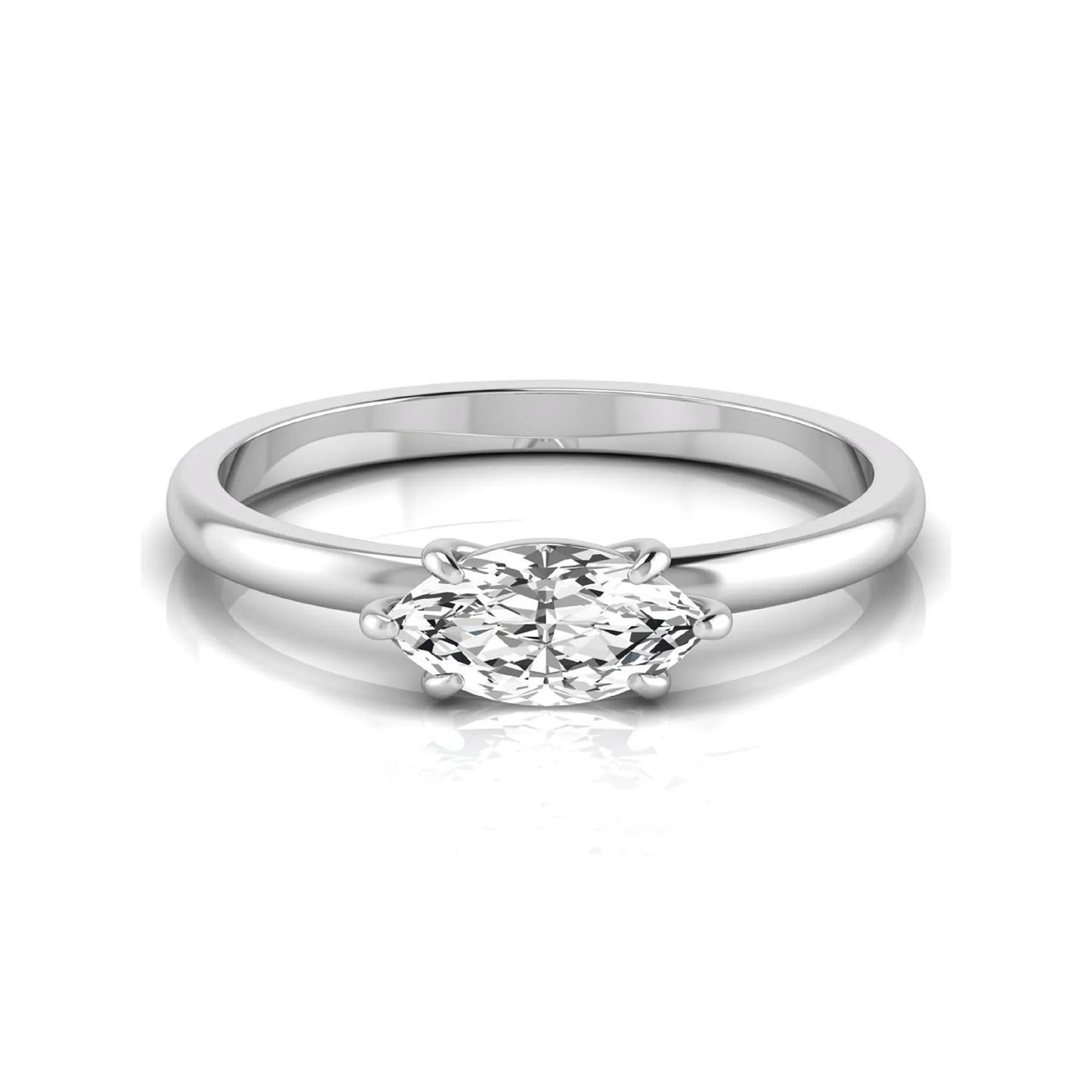East-west marquise cut lab grown diamond solitaire engagement ring with a six-prong setting in white gold style.