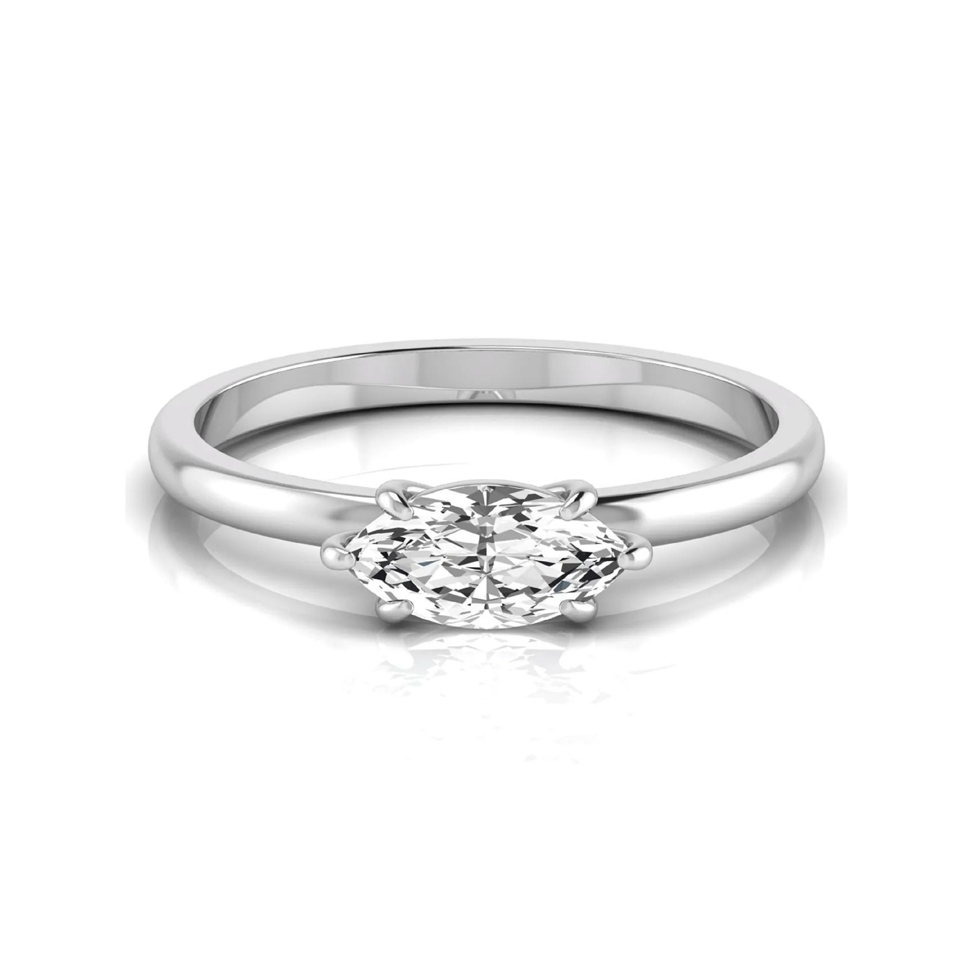 East-west marquise cut lab grown diamond solitaire engagement ring with a six-prong setting in white gold style.