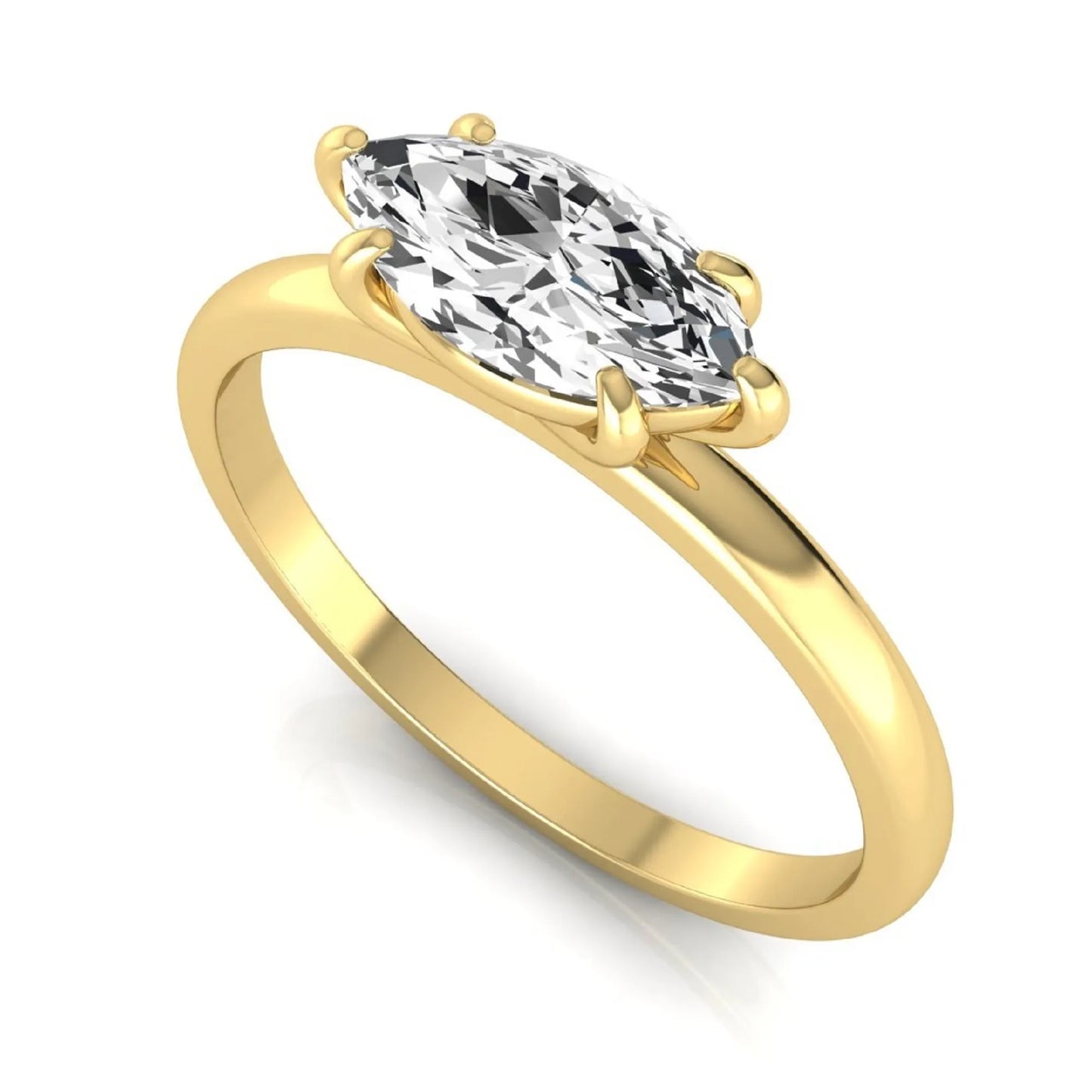 East-west marquise cut lab grown diamond solitaire engagement ring with a six-prong setting in yellow gold style.