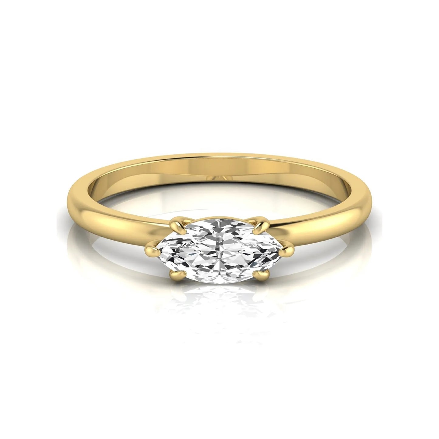East-west marquise cut lab grown diamond solitaire engagement ring with a six-prong setting in yellow gold style.