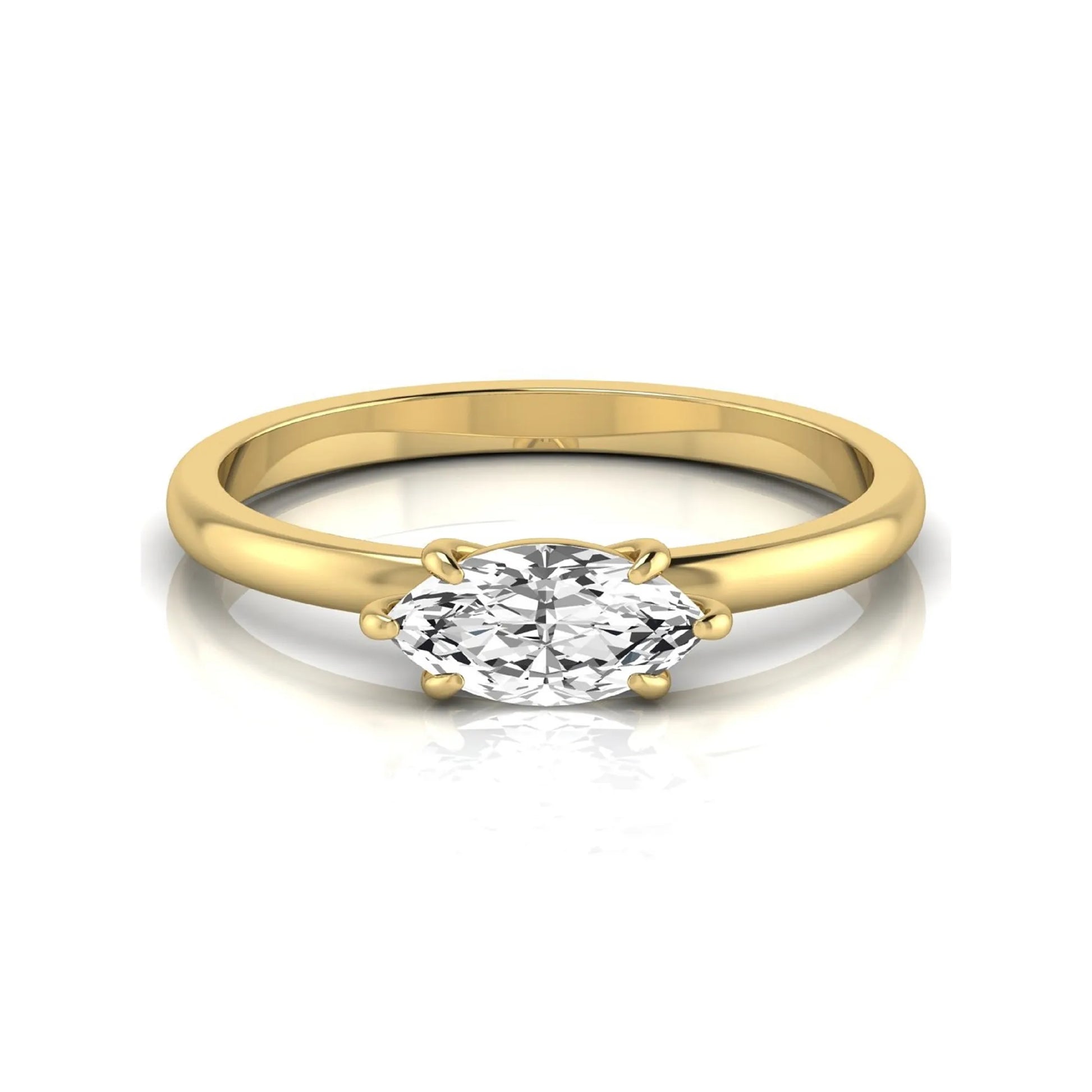 East-west marquise cut lab grown diamond solitaire engagement ring with a six-prong setting in yellow gold style.