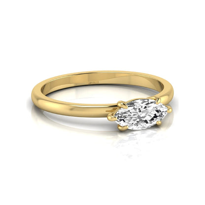 East-west marquise cut lab grown diamond solitaire engagement ring with a six-prong setting in yellow gold style.