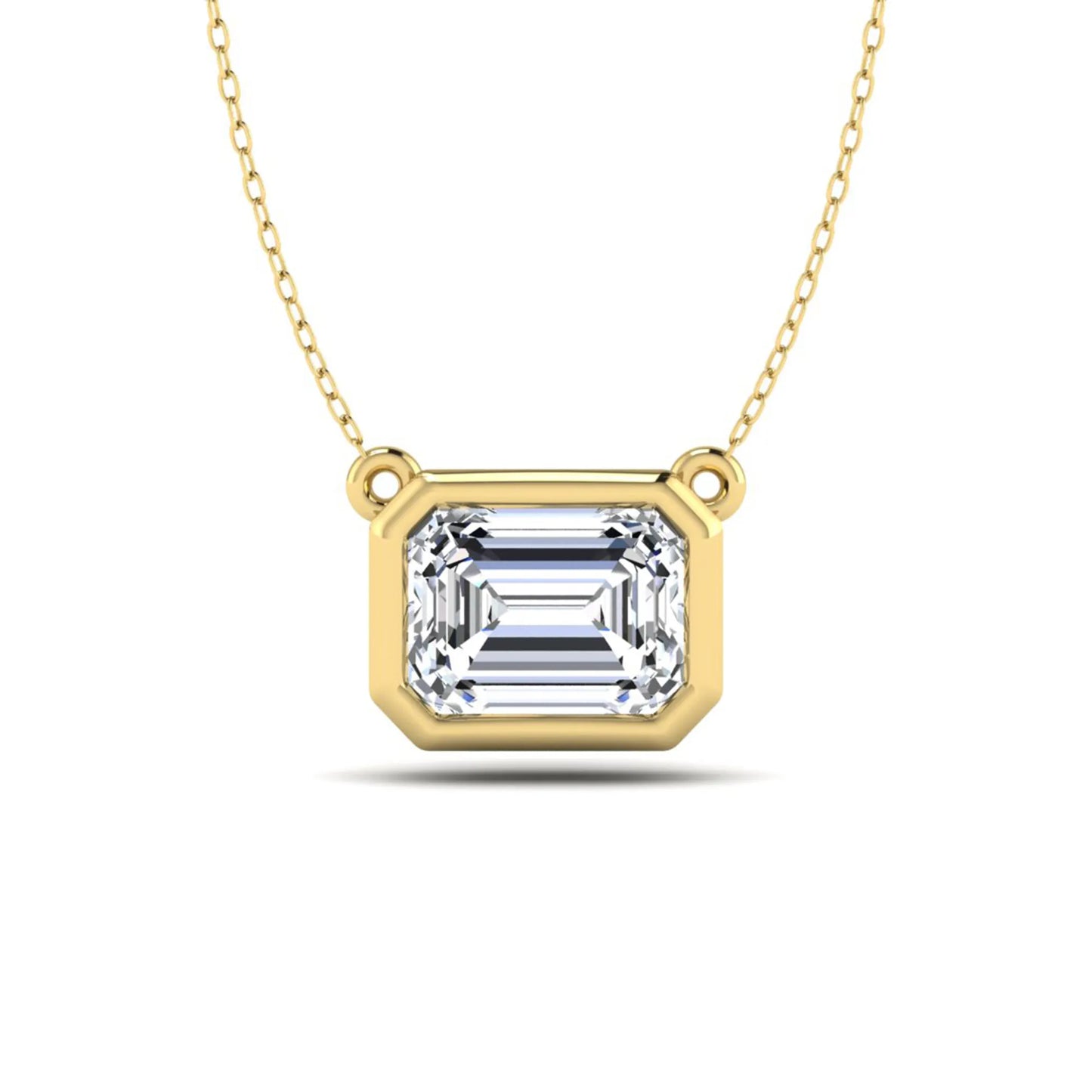 Emerald cut lab grown diamond solitaire pendant necklace with a modern bezel setting in a polished yellow gold metal finish.
