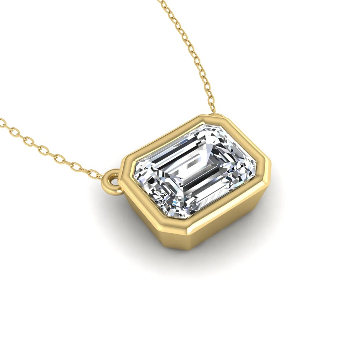Emerald cut lab grown diamond solitaire pendant necklace with a modern bezel setting in a polished yellow gold metal finish.