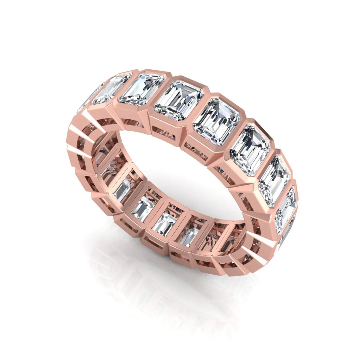 Emerald cut lab grown diamond full eternity band featuring bezel-set diamonds with a rose gold tone finish.
