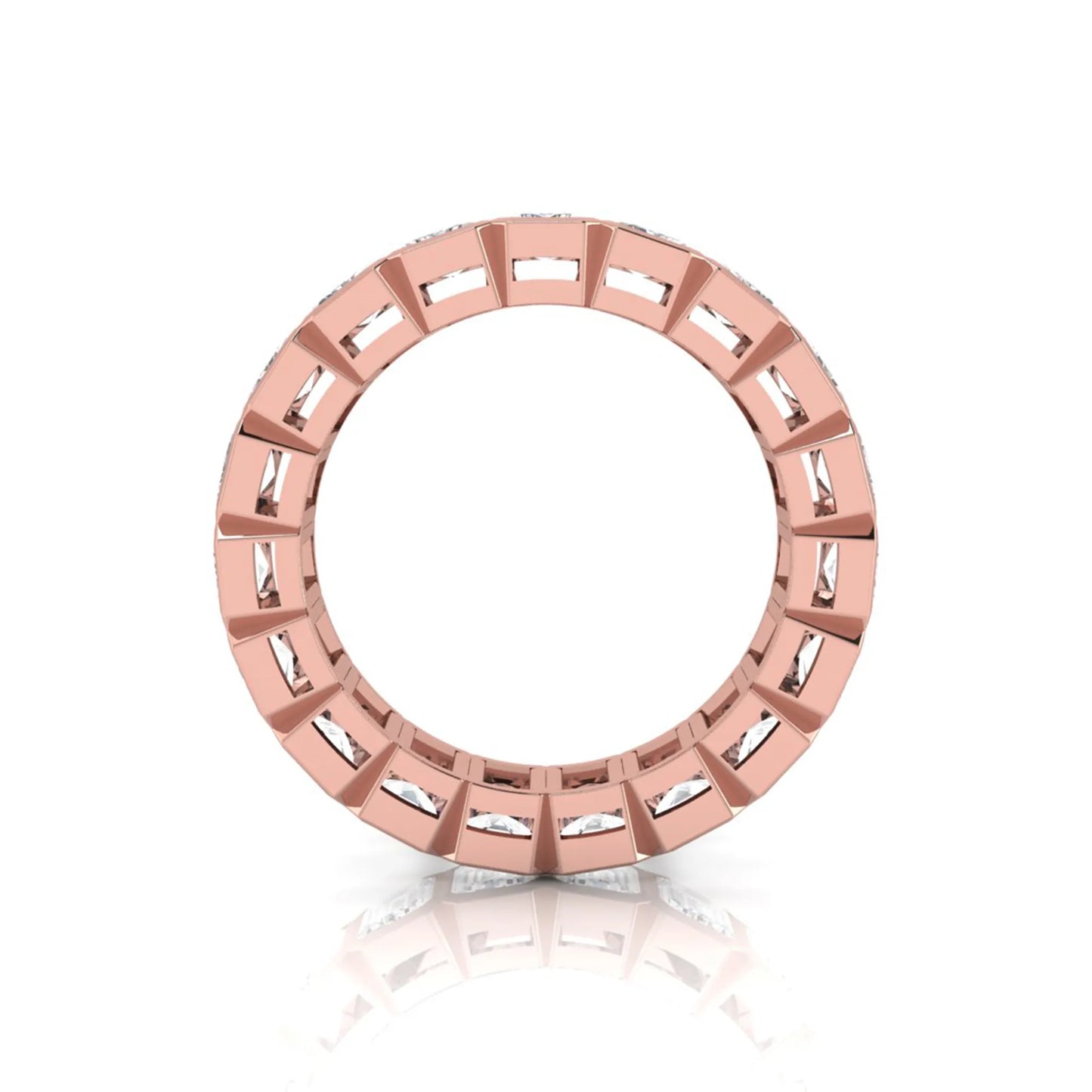 Emerald cut lab grown diamond full eternity band featuring bezel-set diamonds with a rose gold tone finish.