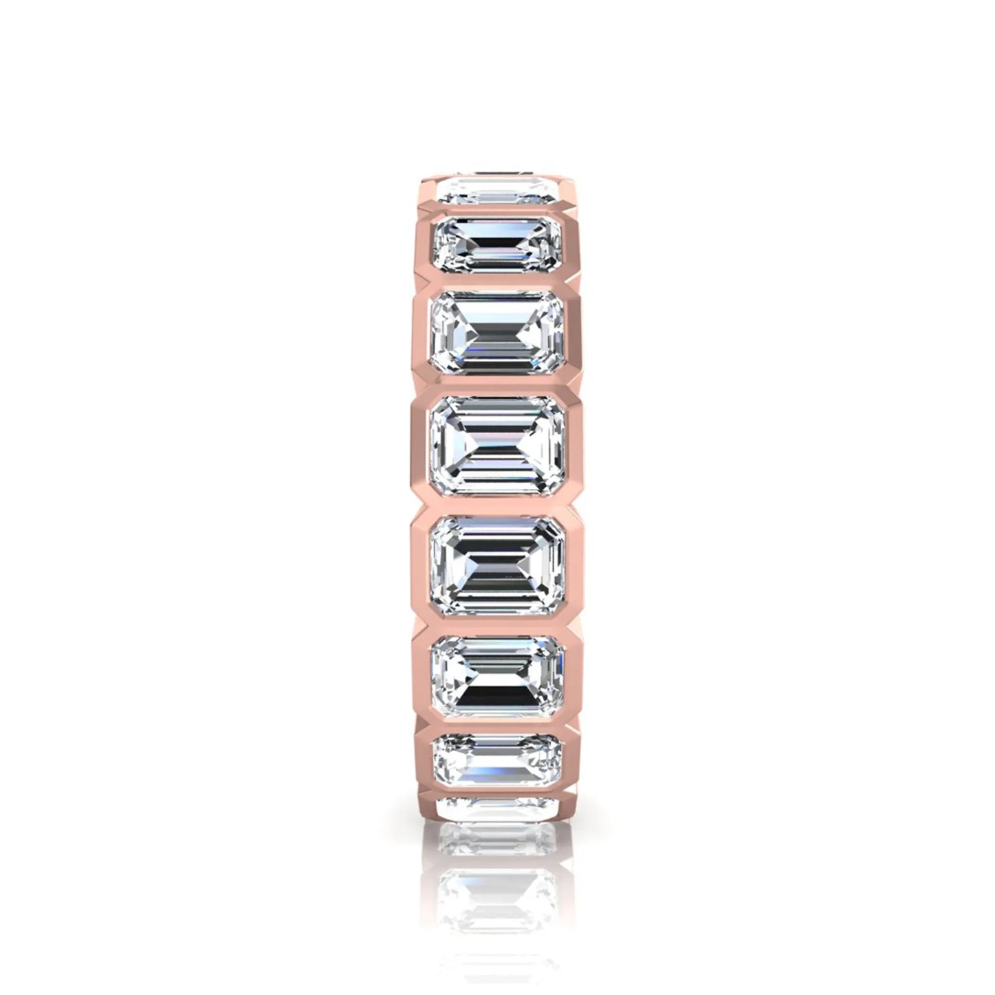 Emerald cut lab grown diamond full eternity band featuring bezel-set diamonds with a rose gold tone finish.