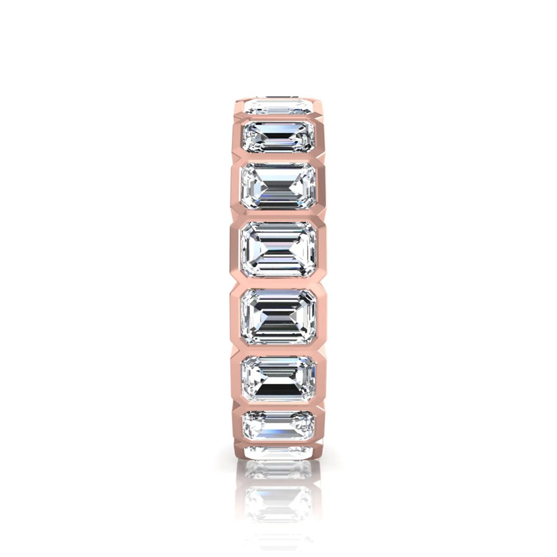 Emerald cut lab grown diamond full eternity band featuring bezel-set diamonds with a rose gold tone finish.