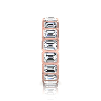 Emerald cut lab grown diamond full eternity band featuring bezel-set diamonds with a rose gold tone finish.