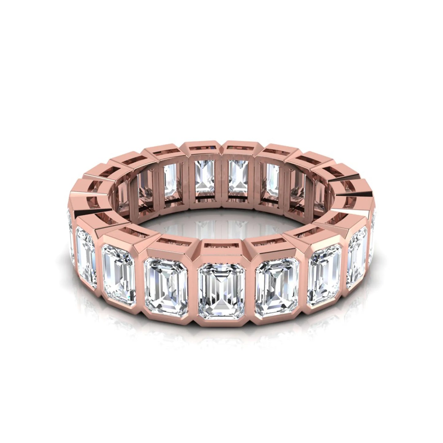 Emerald cut lab grown diamond full eternity band featuring bezel-set diamonds with a rose gold tone finish.