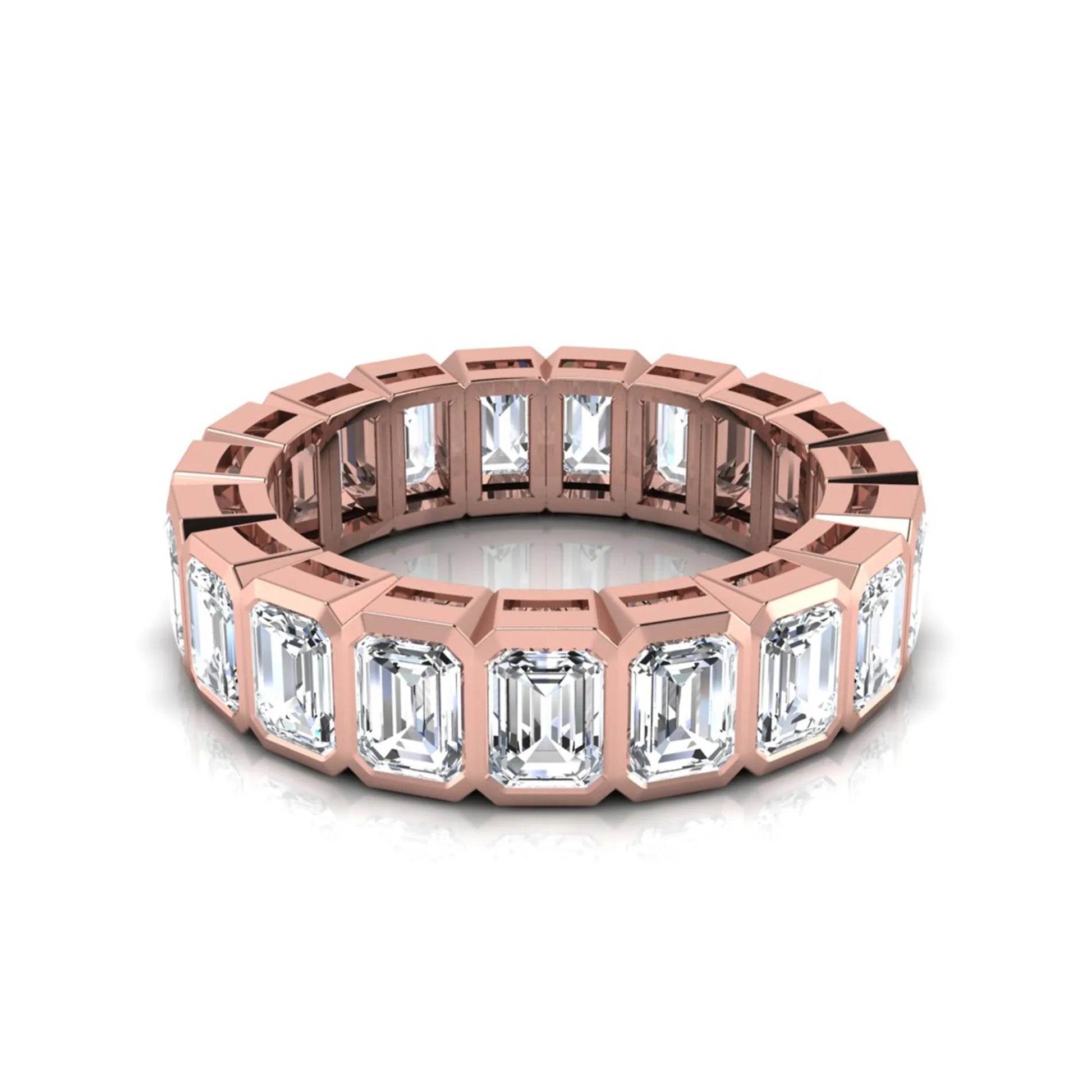 Emerald cut lab grown diamond full eternity band featuring bezel-set diamonds with a rose gold tone finish.