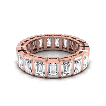 Emerald cut lab grown diamond full eternity band featuring bezel-set diamonds with a rose gold tone finish.
