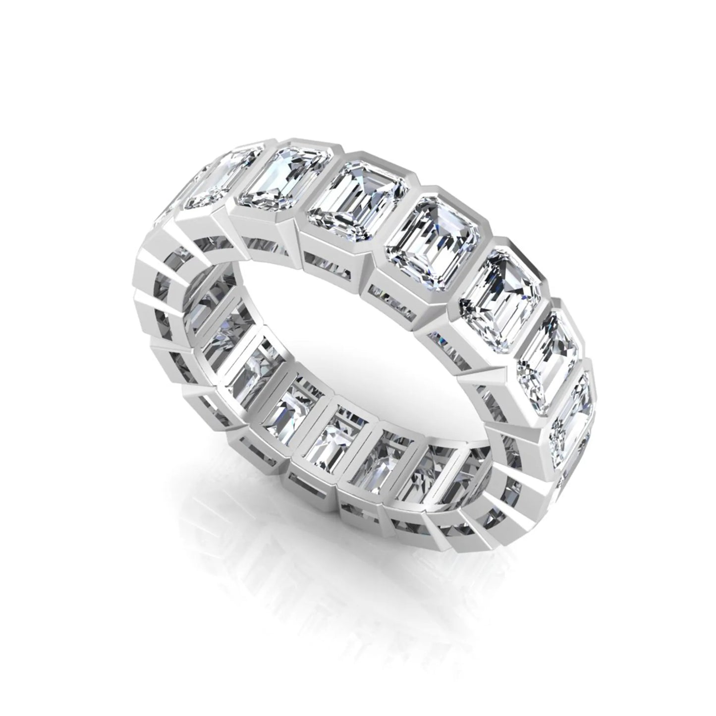 Emerald cut lab grown diamond full eternity band featuring bezel-set diamonds with a white gold tone finish.