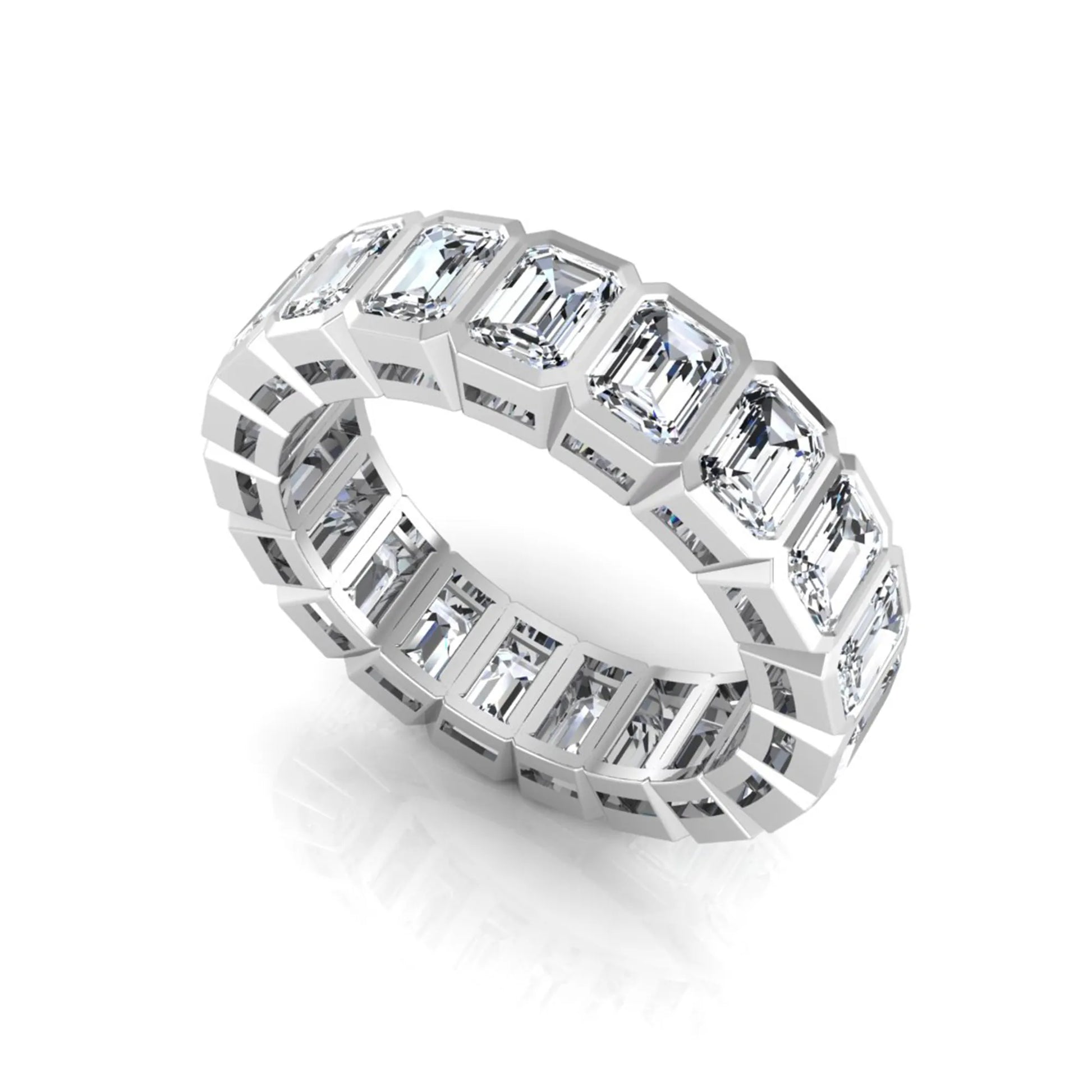 Emerald cut lab grown diamond full eternity band featuring bezel-set diamonds with a white gold tone finish.