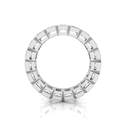 Emerald cut lab grown diamond full eternity band featuring bezel-set diamonds with a white gold tone finish.