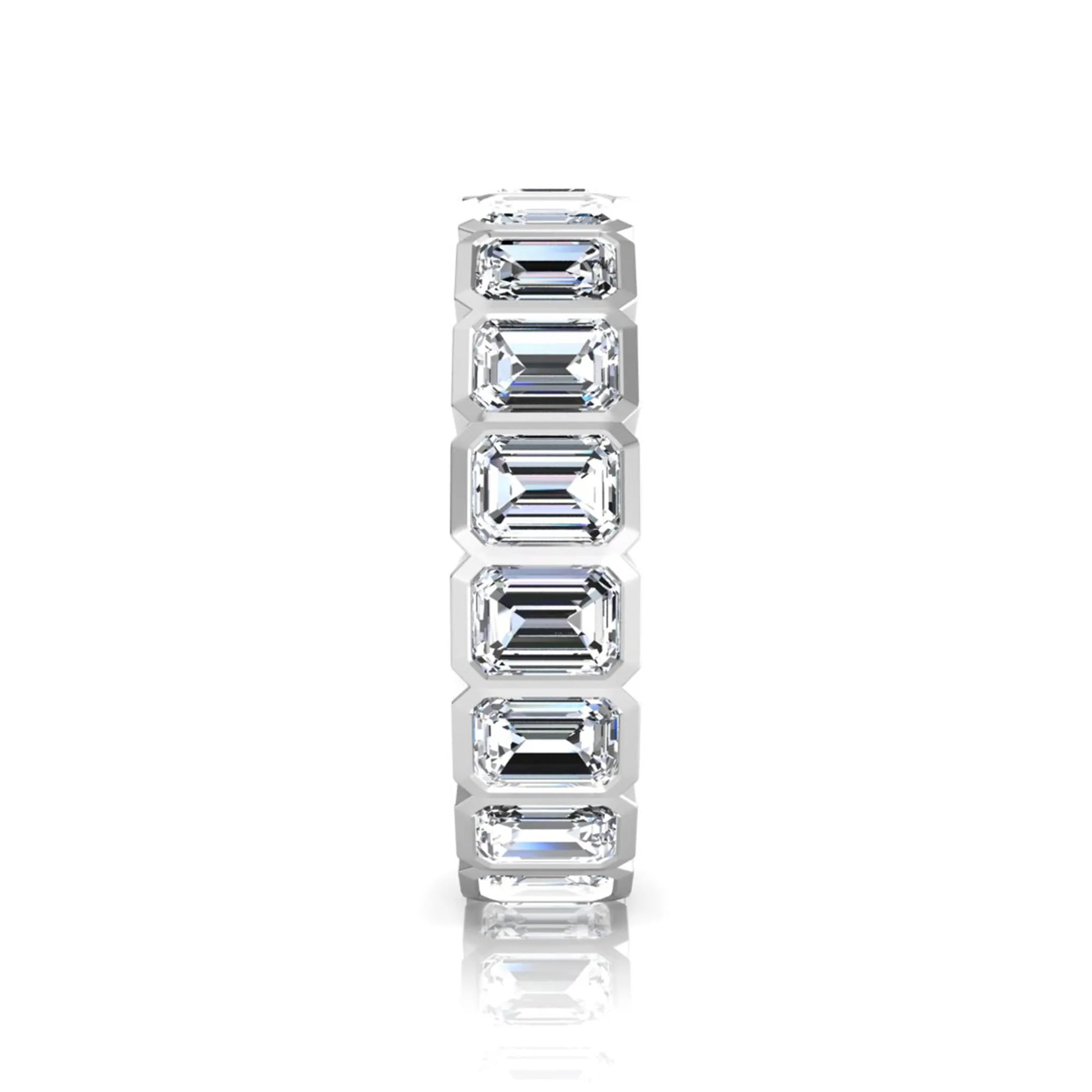 Emerald cut lab grown diamond full eternity band featuring bezel-set diamonds with a white gold tone finish.
