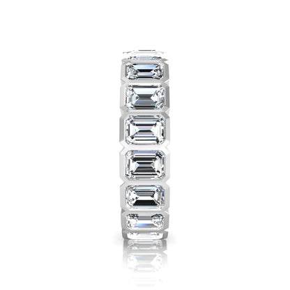 Emerald cut lab grown diamond full eternity band featuring bezel-set diamonds with a white gold tone finish.