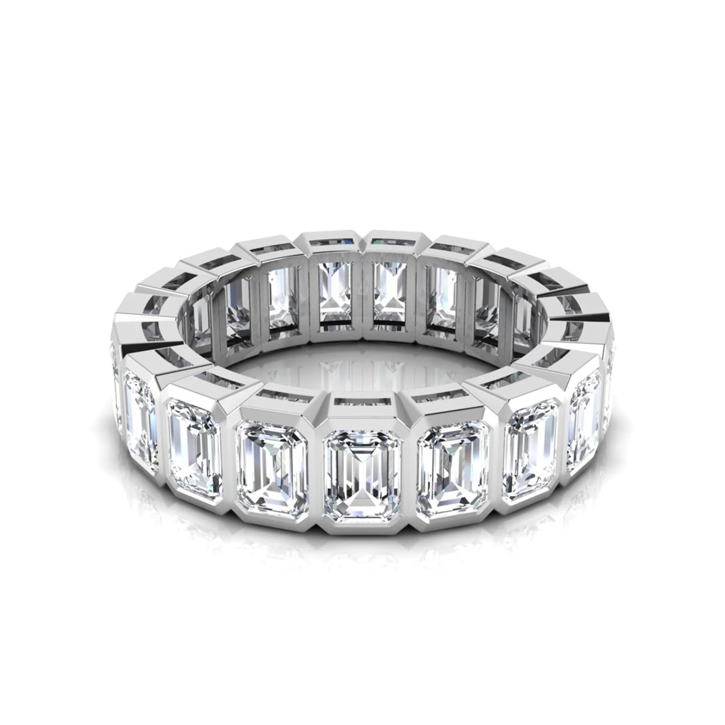 Emerald cut lab grown diamond full eternity band featuring bezel-set diamonds with a white gold tone finish.