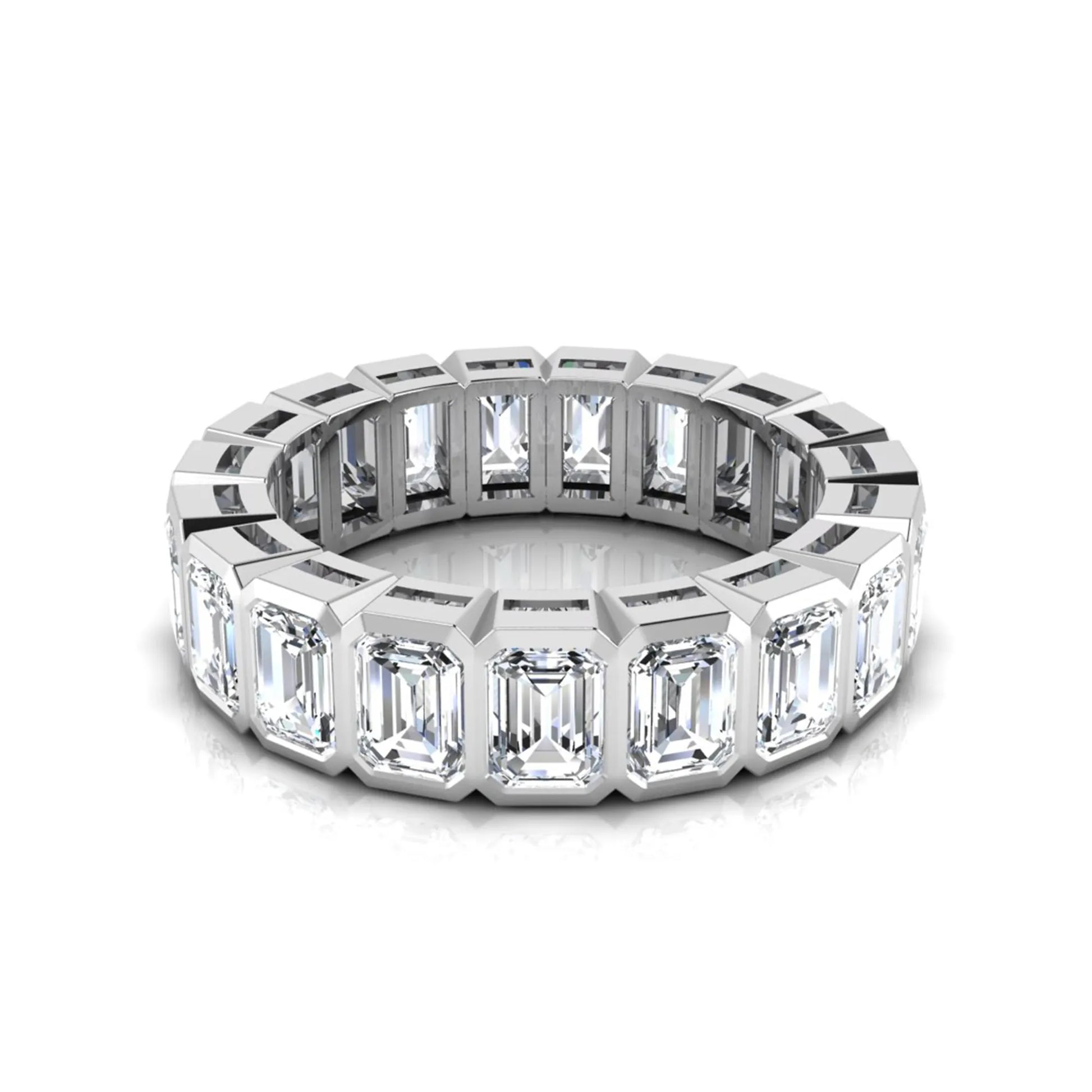 Emerald cut lab grown diamond full eternity band featuring bezel-set diamonds with a white gold tone finish.