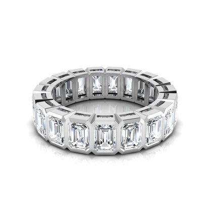 Emerald cut lab grown diamond full eternity band featuring bezel-set diamonds with a white gold tone finish.