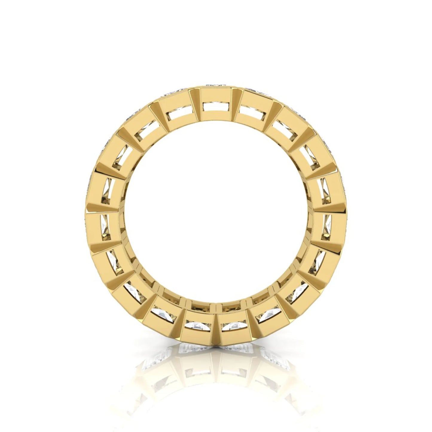 Emerald cut lab grown diamond full eternity band featuring bezel-set diamonds with a yellow gold tone finish.