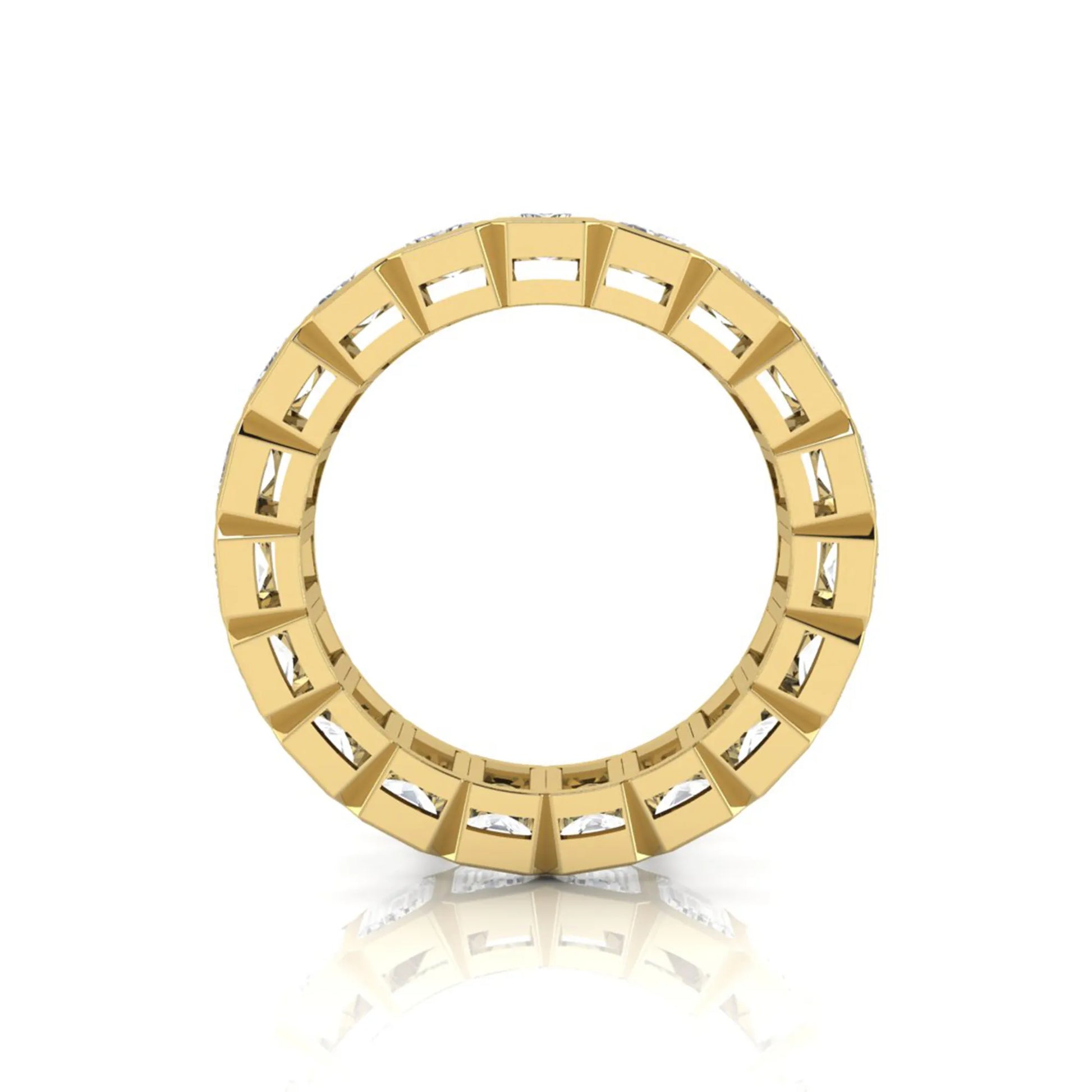 Emerald cut lab grown diamond full eternity band featuring bezel-set diamonds with a yellow gold tone finish.