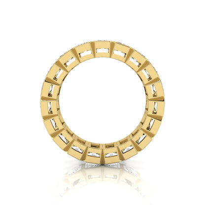Emerald cut lab grown diamond full eternity band featuring bezel-set diamonds with a yellow gold tone finish.